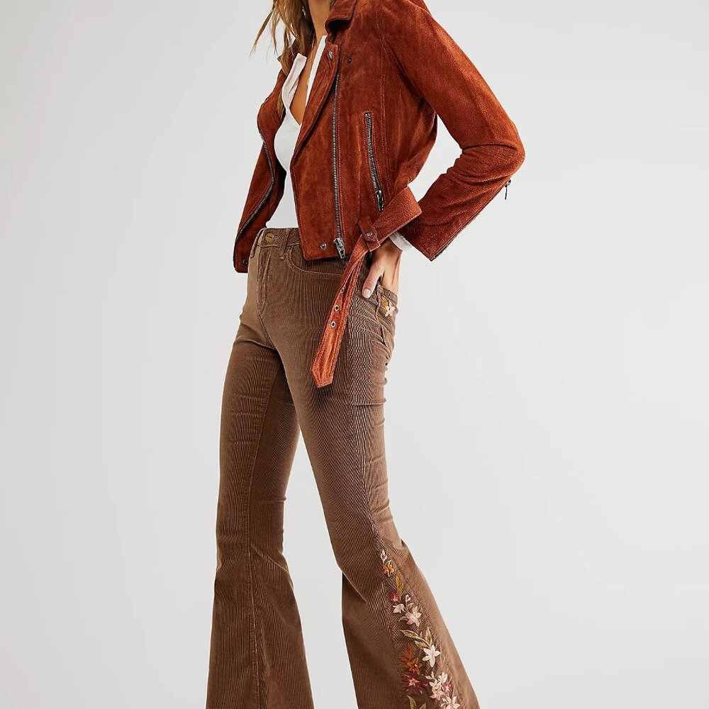 Free People Driftwood Farrah Embroidered Corduroy Flare Jeans Size 26 NWOT